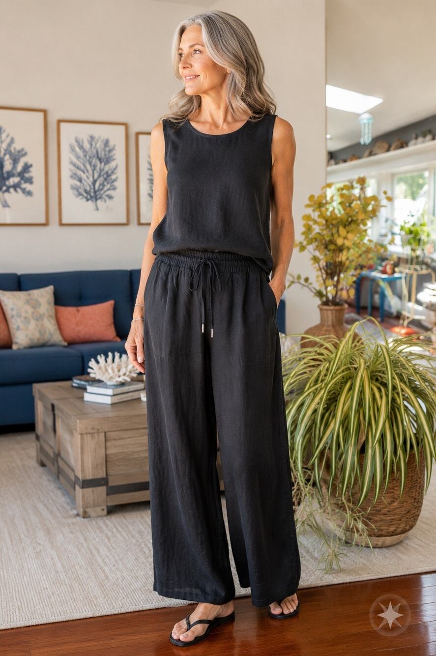 Quince 100% Linen Wide Leg Pants Navy Blue Drawstring Pull On Coastal Women S